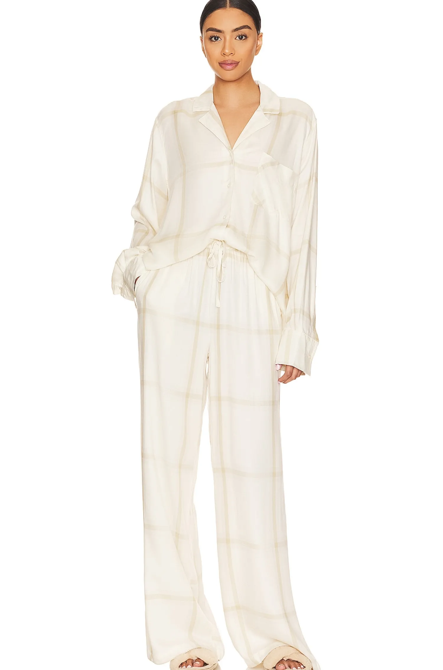 Women WeWoreWhat Lingerie & Sleepwear>Brushed Flannel Button Up & Drawstring Pull On Pant Set