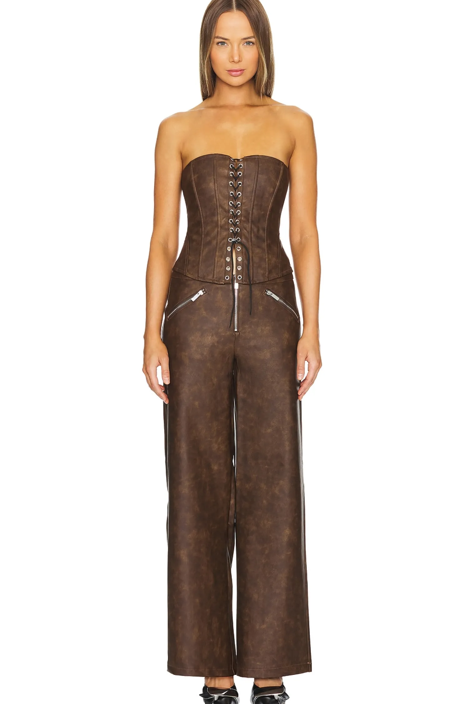 Women WeWoreWhat Pants|Matching Sets>Faux Leather Zipper Fly Pant