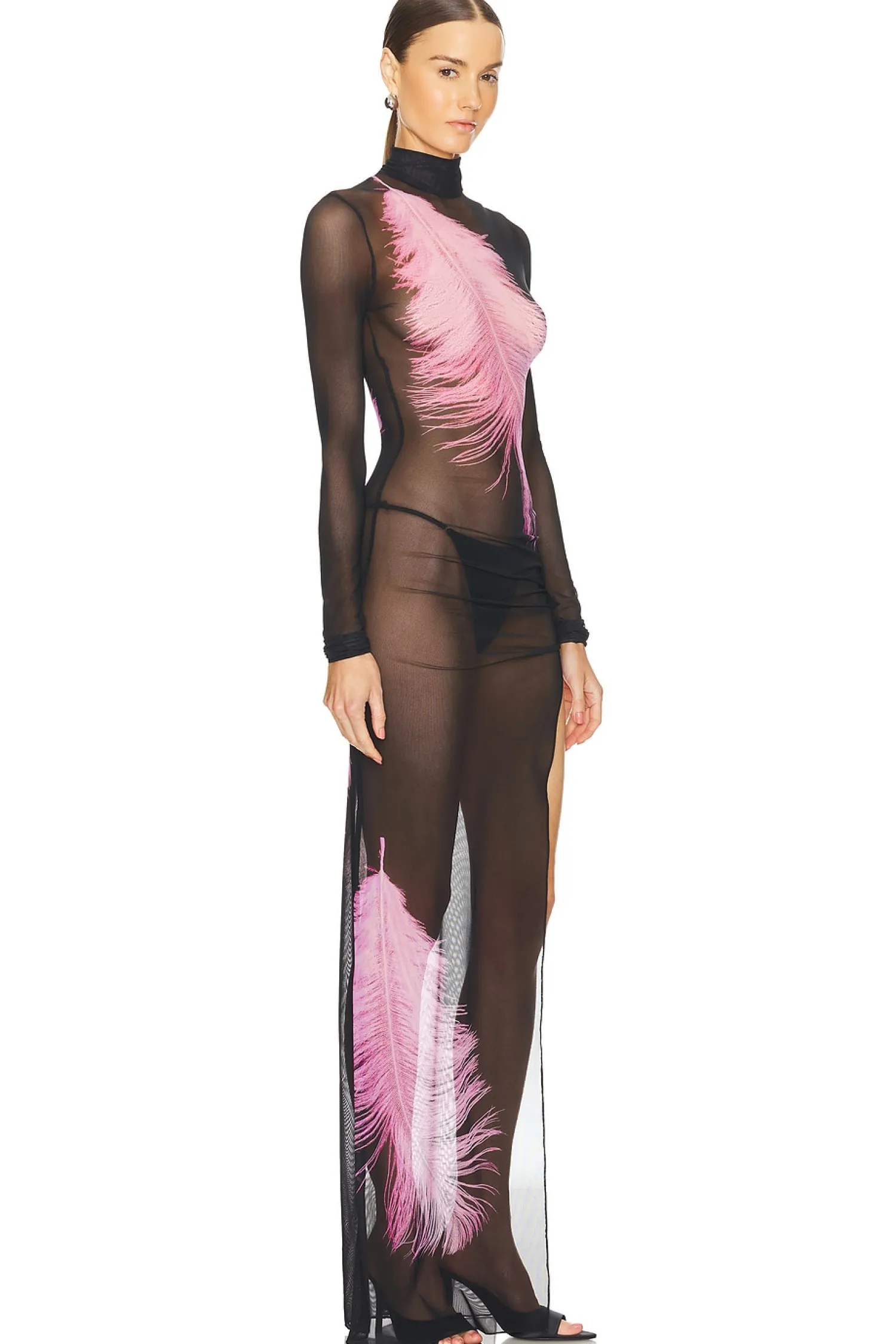 Women David Koma Dresses>Feather Printed Long Sleeve Mesh Gown