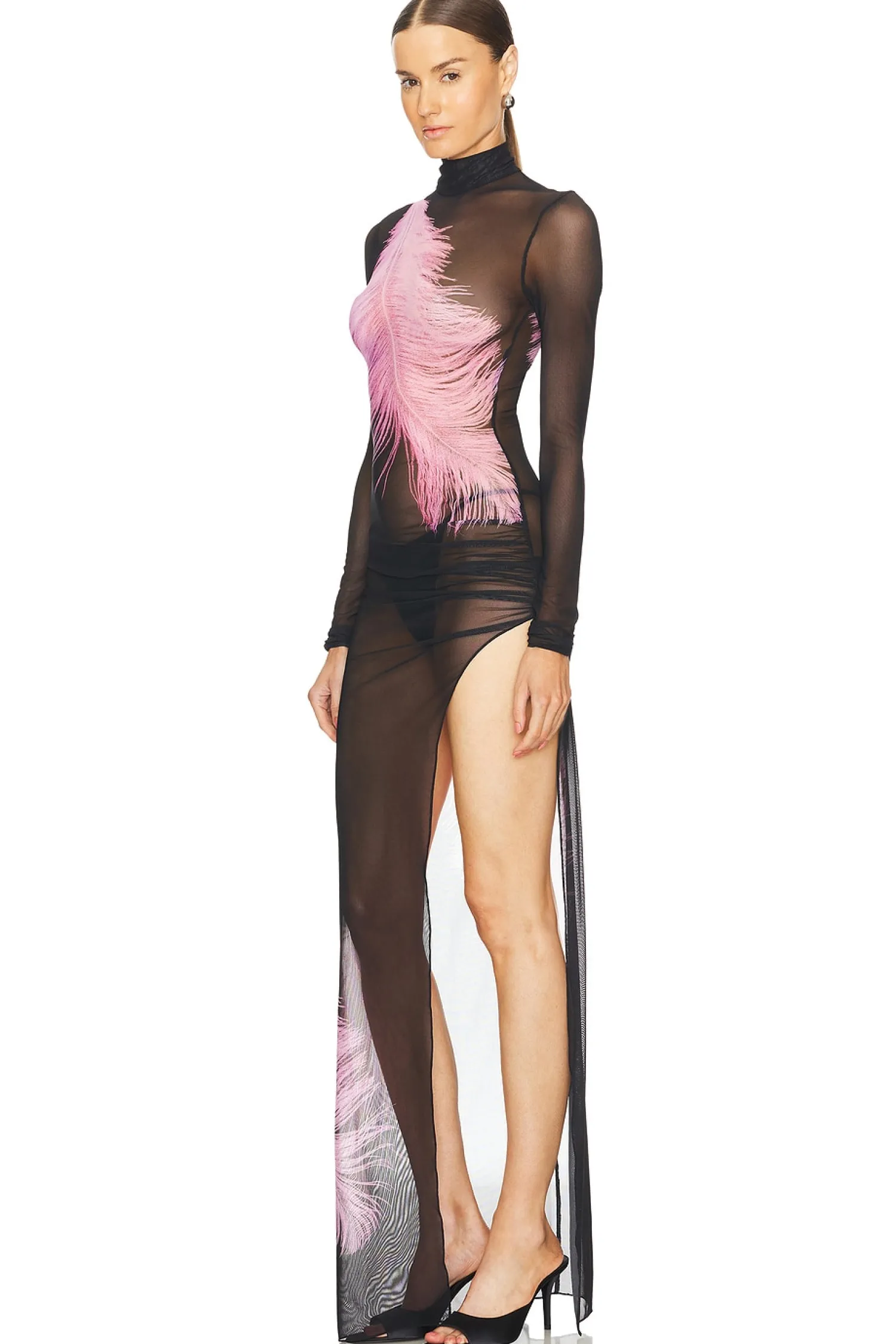 Women David Koma Dresses>Feather Printed Long Sleeve Mesh Gown