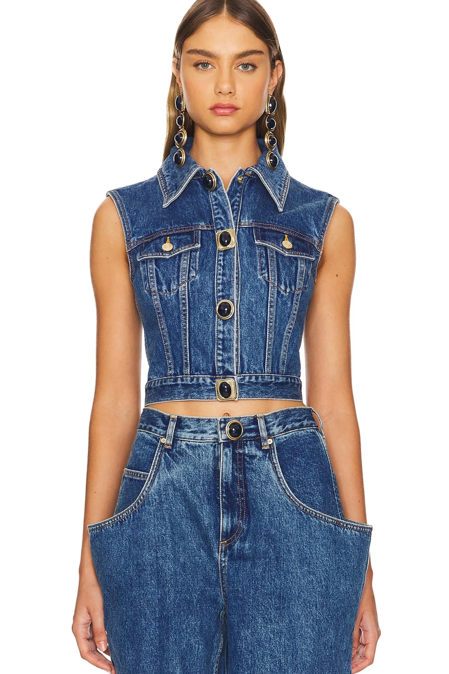 Women AREA Matching Sets|Jackets & Coats>Gemstone Button Denim Gilet