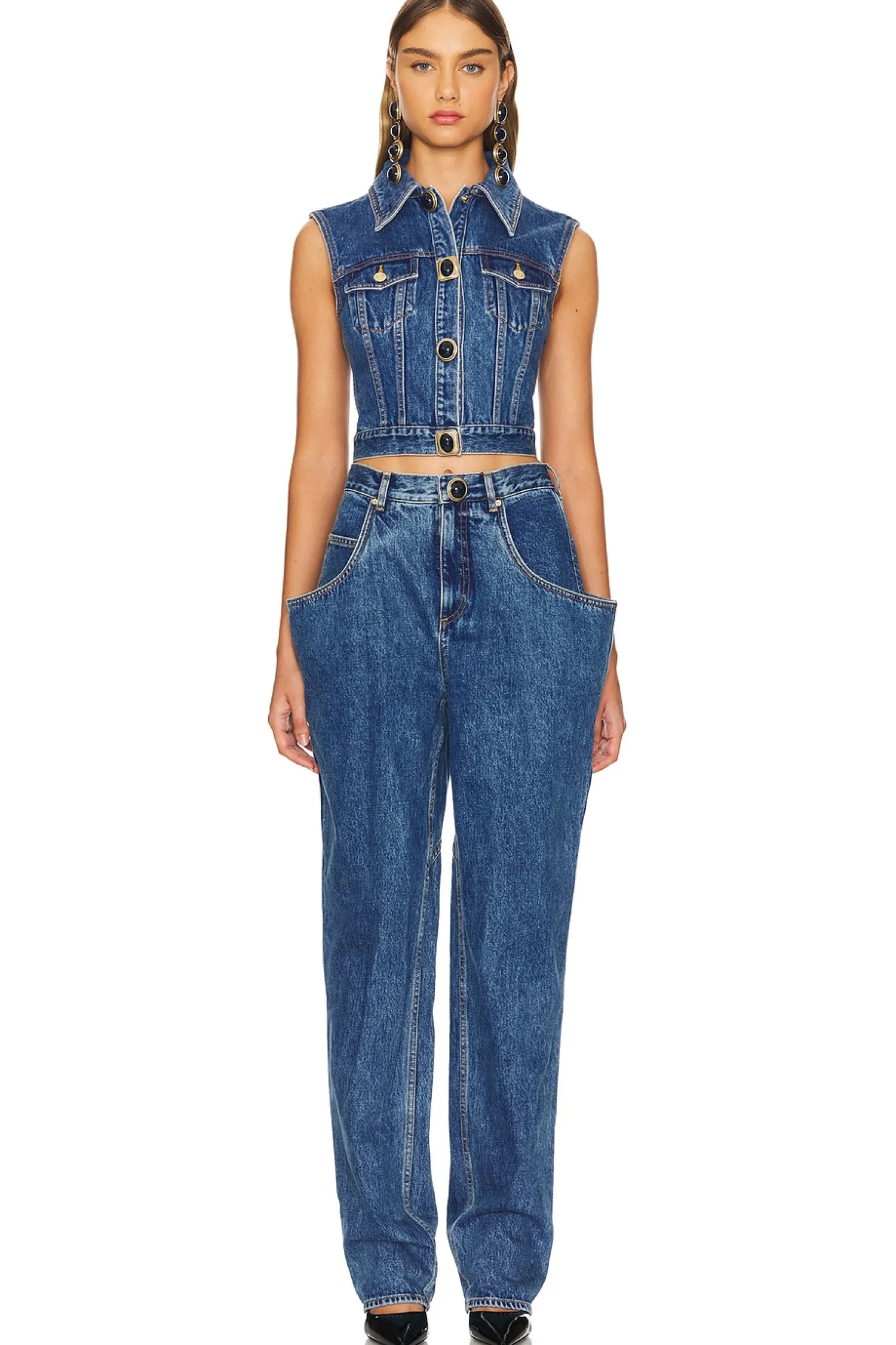 Women AREA Matching Sets|Jackets & Coats>Gemstone Button Denim Gilet
