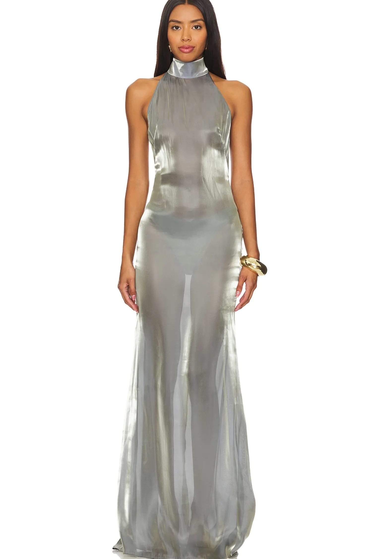 Women Lapointe Dresses>Metallic Organza Halter Open Back Gown