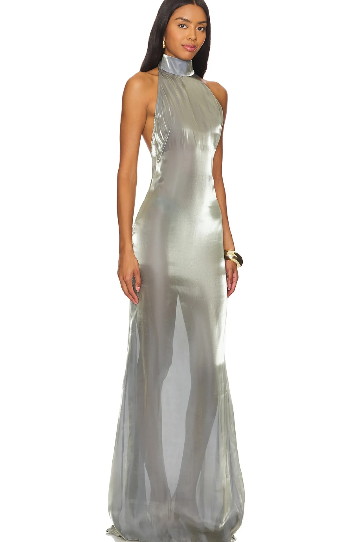 Women Lapointe Dresses>Metallic Organza Halter Open Back Gown