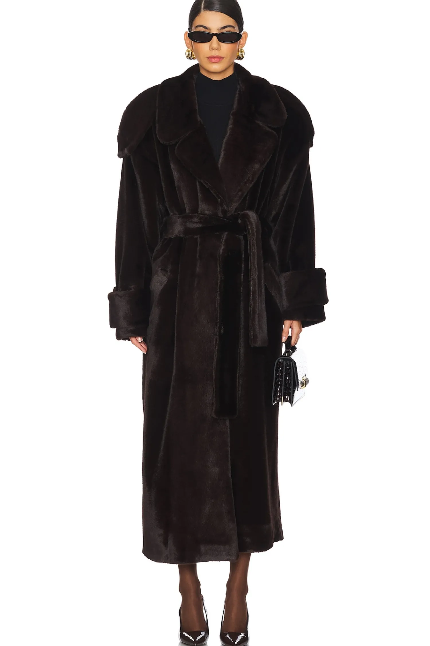 Women SELMACILEK Jackets & Coats>Mink Faux Fur Tie Long Coat