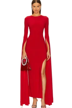 Women Norma Kamali Dresses>Open Back Ribbon Sleeve Wide Slit Gown