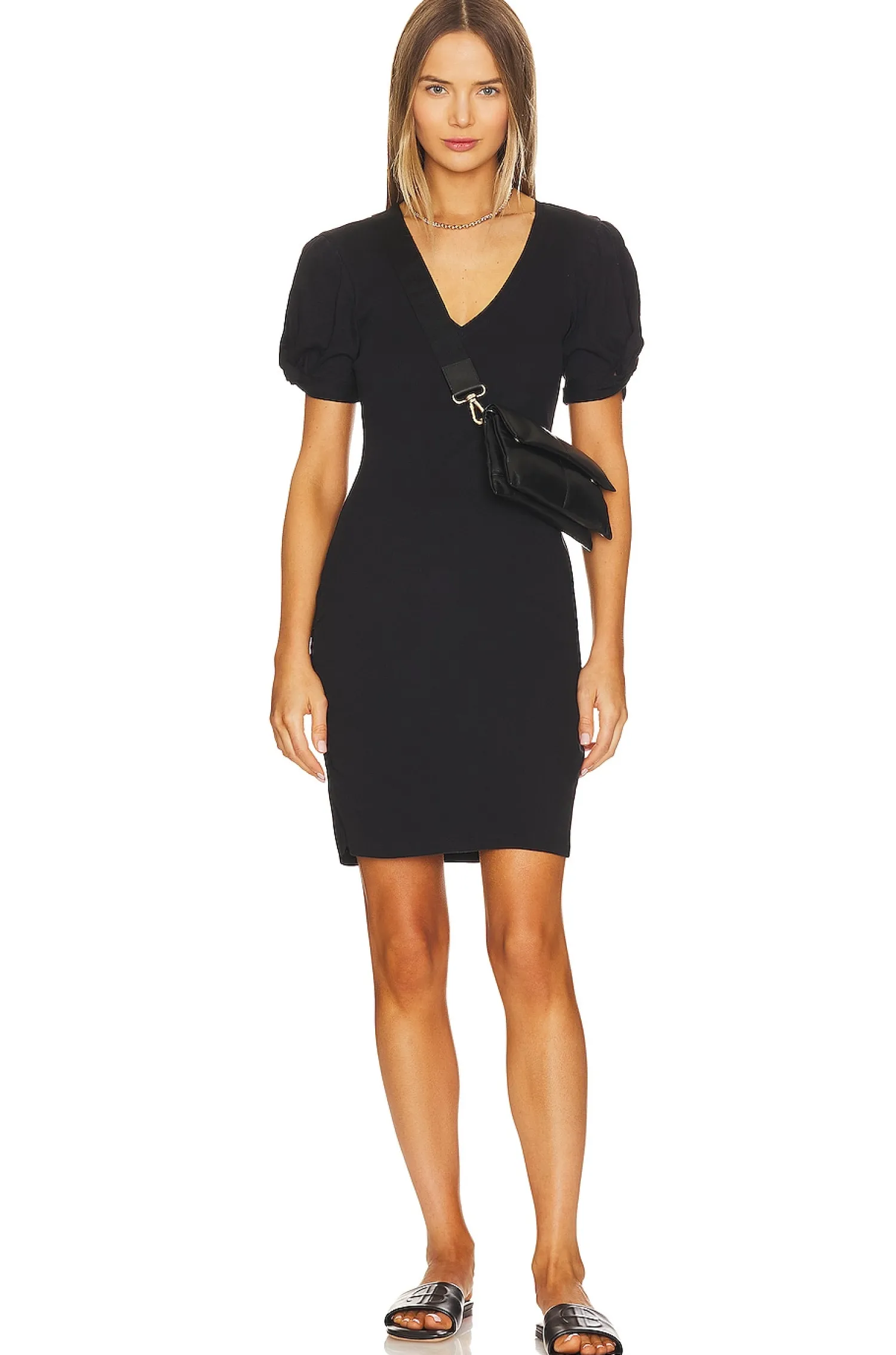 Women 1. STATE Dresses>Puff Sleeve V Neck Ruched Dress