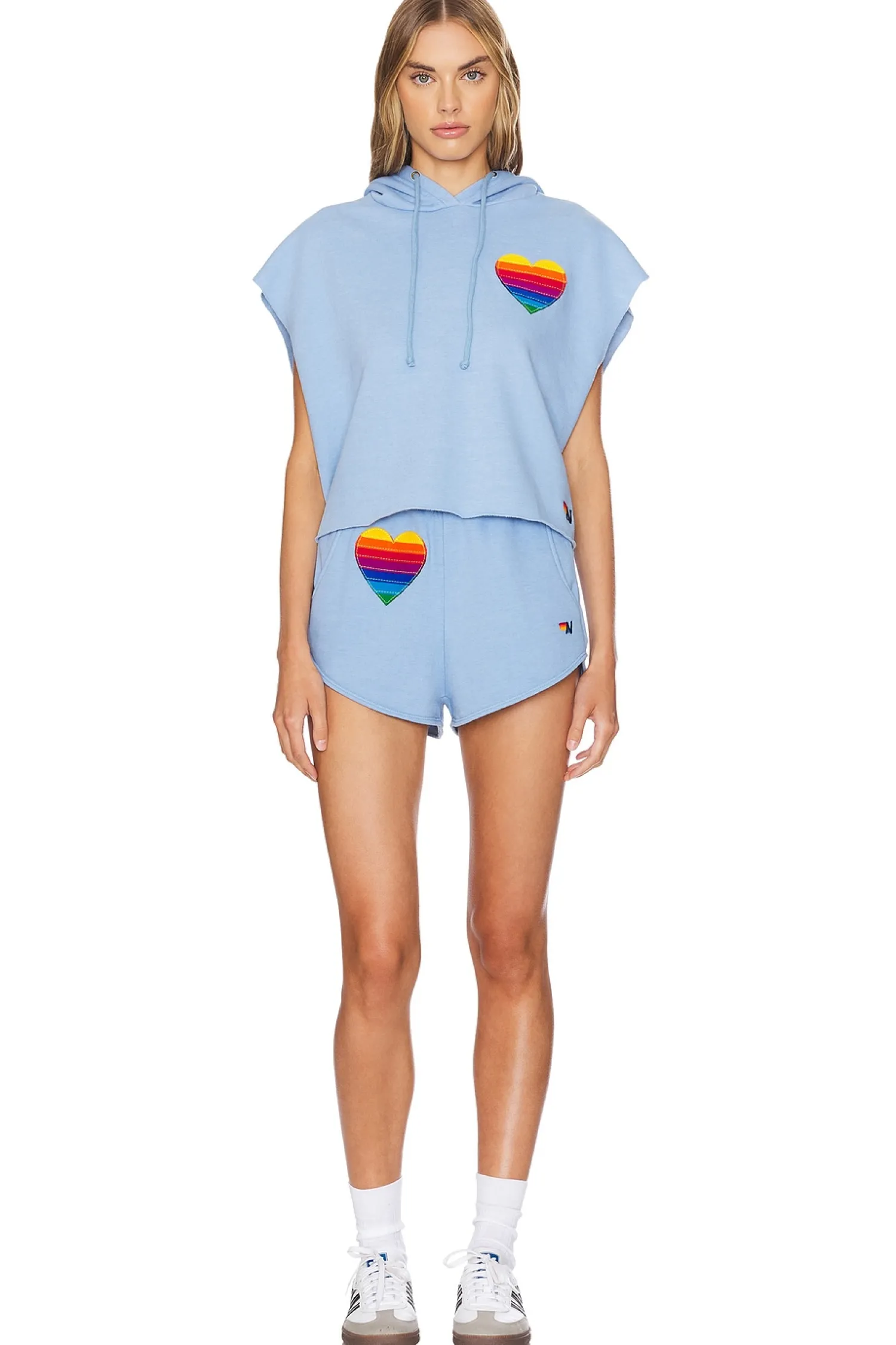 Women Aviator Nation Loungewear>Rainbow Heart Stitch Sleeveless Cropped Hoodie