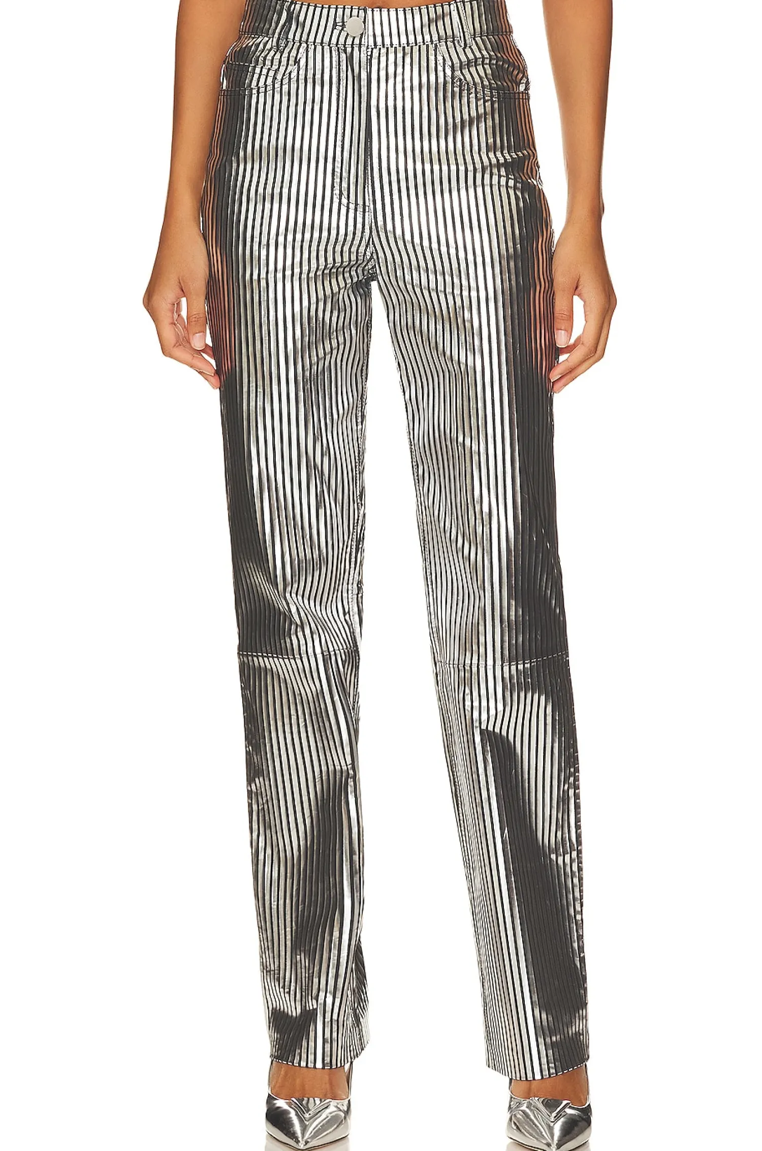 Women REMAIN Pants>Striped Leather Pants
