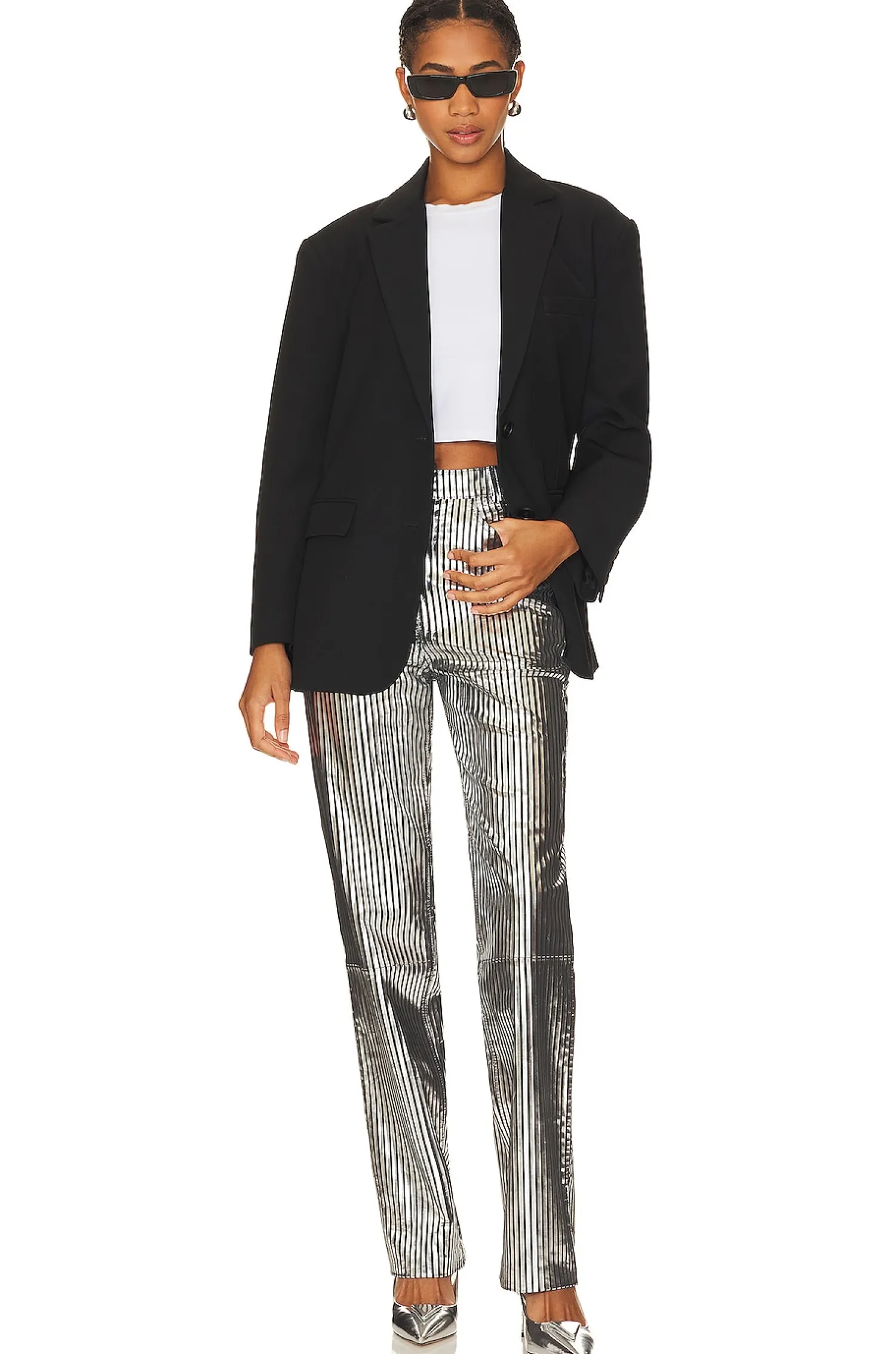 Women REMAIN Pants>Striped Leather Pants