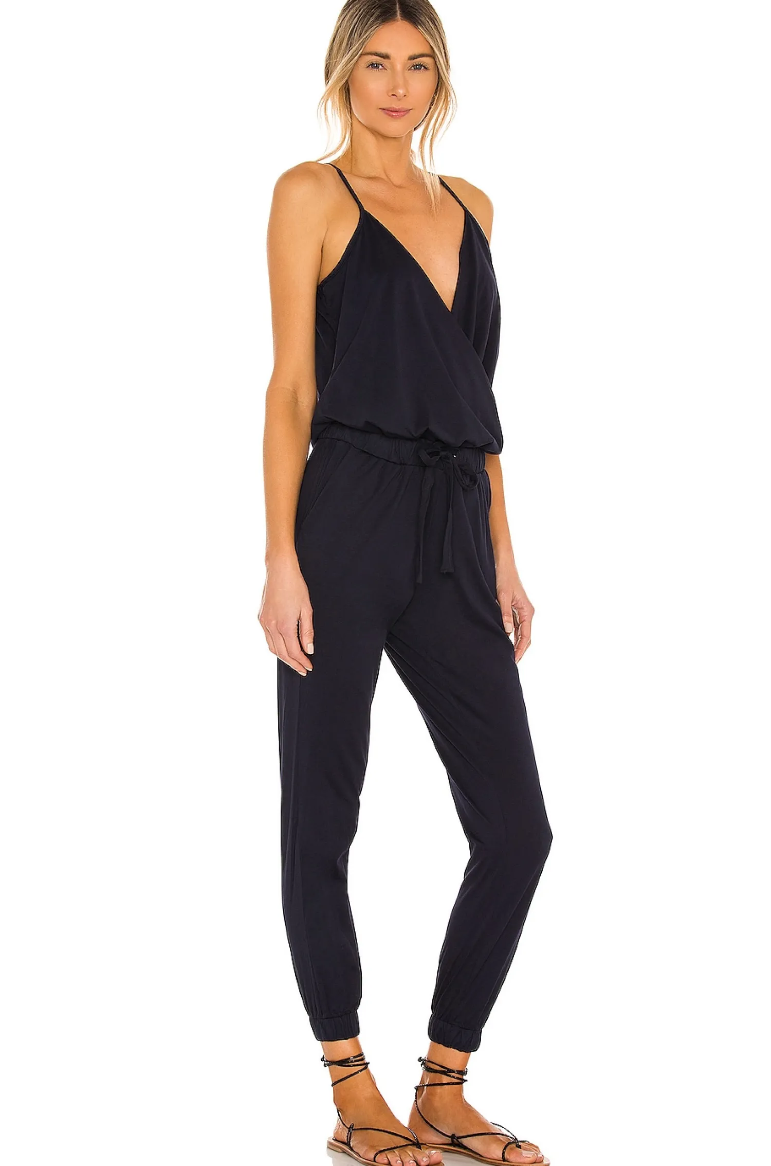 Women Bobi Jumpsuits>Supreme Jersey Tied Waist V Neck Jumpsuit