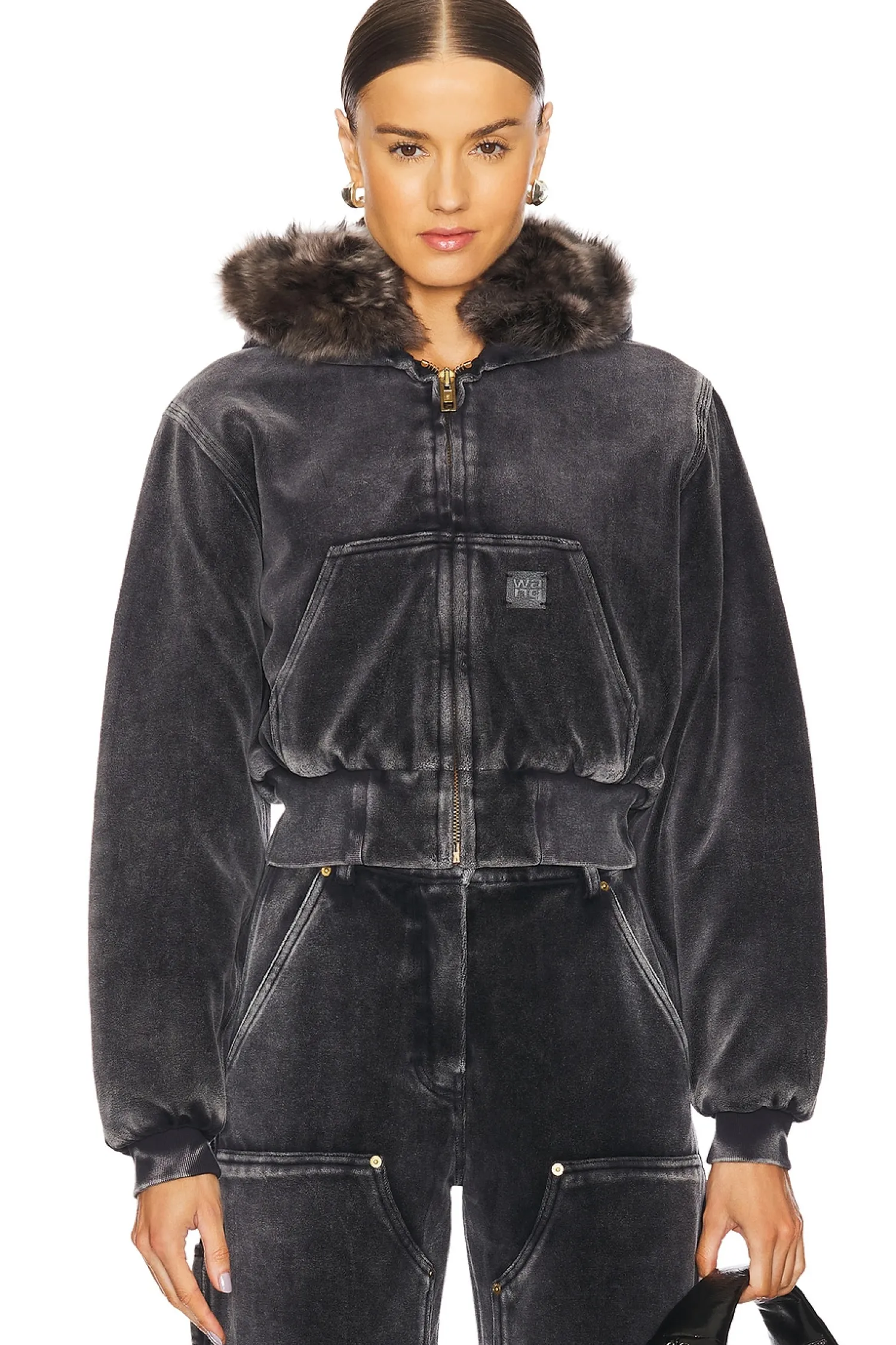 Women Alexander Wang Jackets & Coats>Velour Workwear Hoodie With Shearling Trim Hood